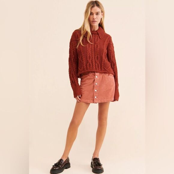 FREE PEOPLE Ray Button Front Corduroy Mini Skirt Rust Pink Fall Size‎ 8 10 New - Picture 3 of 14